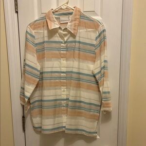 Alfred Dunner Cream and Blue Striped Button Down Shirt